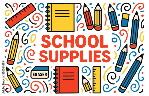Colorful school supplies with notebooks pencils and erasers