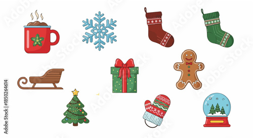 Christmas-themed icons including gifts, tree, and snowflakes  