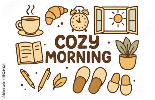 Cozy morning elements with coffee, slippers, open window, croissant, and clock