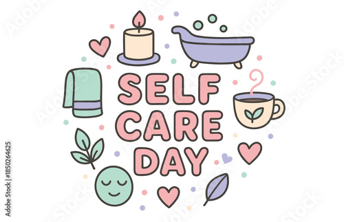Colorful self care day essentials: bath, candle, tea, and relaxation symbols