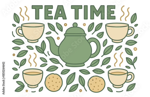 Tea time with teapot, cups, leaves, and cookies in green and beige design