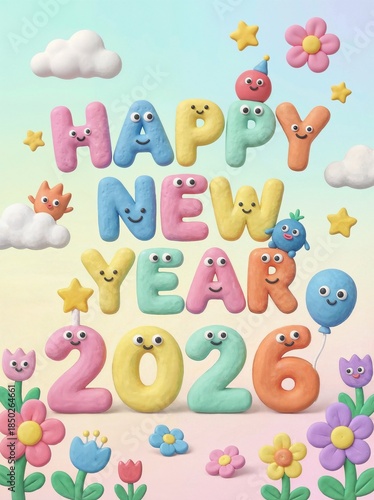 Happy New Year 2026 Clay Style Illustration