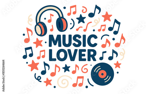 Colorful musical design with headphones, notes, and vinyl record