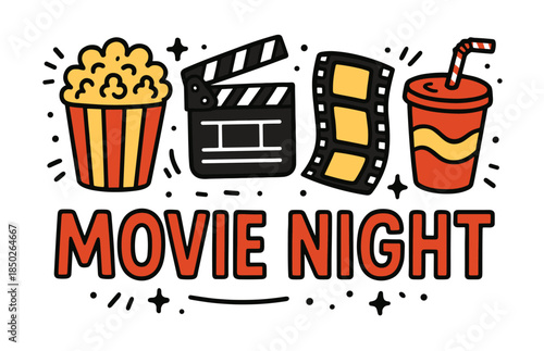 Movie night: popcorn, clapperboard, film strip, drink icons