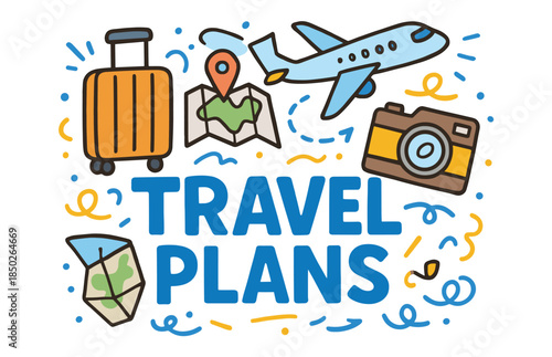 Travel plans with airplane, luggage, map, and camera icons