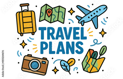 Travel plans concept with suitcase map camera airplane and shopping bag icons
