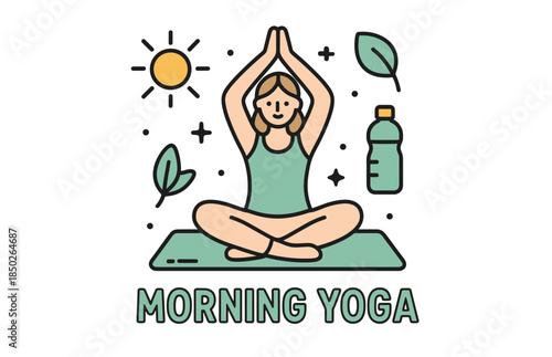 Female adult practicing yoga outdoors with sun and nature elements