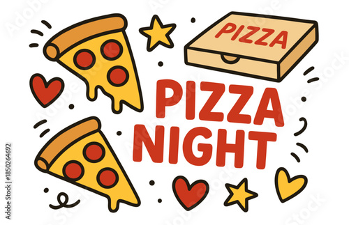 Colorful pizza night design with slices, stars, and hearts
