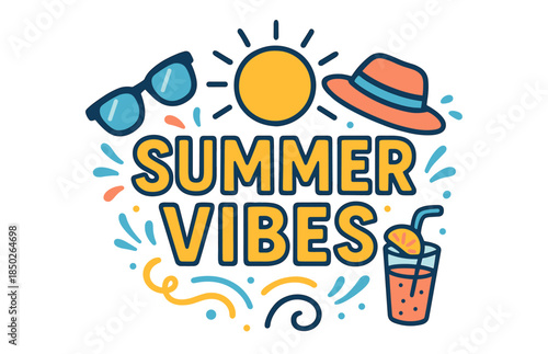 Summer vibes design with sun, sunglasses, hat, and drink