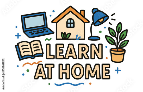 Online learning essentials: home study setup with laptop, book, lamp, plant icons