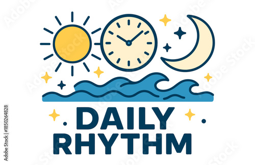 Daily rhythm: sun, clock, moon, and waves illustrate natural time cycle