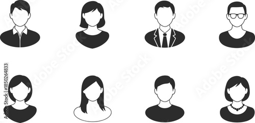Set of eight diverse person profile icons in silhouette on white background person icon avatar
