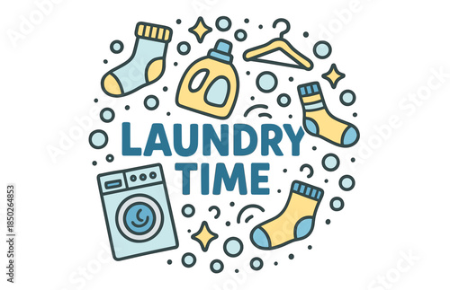 Laundry time design with socks, detergent, hanger, and washing machine