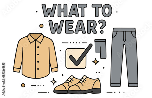 Casual outfit choice: shirt, trousers, shoes with a checklist graphic