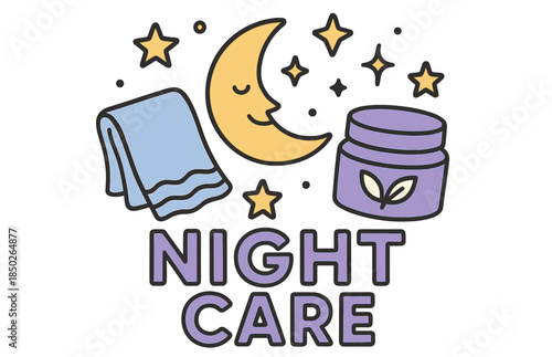 Night care routine with moon, stars, towel, and skincare jar