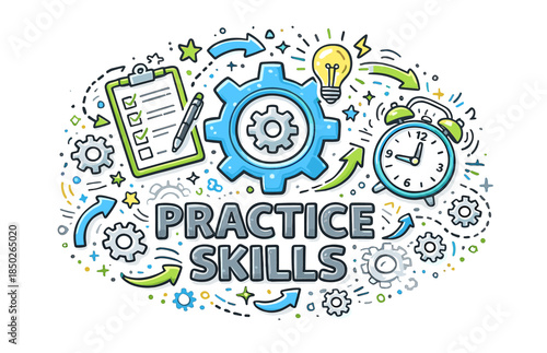 Practice skills development concept with gear, checklist, and clock illustrations
