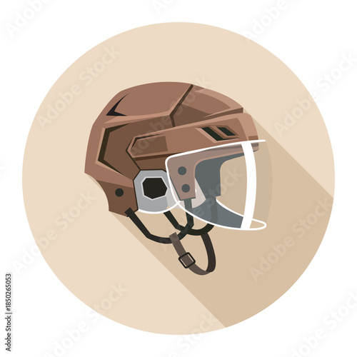 Brown hockey helmet icon with clear visor essential protective sports equipment for ice rink player safety Flat modern
