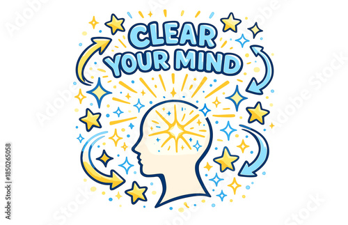 of clear mind concept with head silhouette, stars, arrows