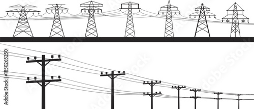 Silhouette of electricity pylons and power lines against white background transmission tower