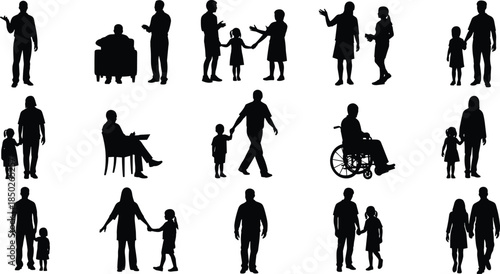 Silhouettes of adults and children, caregiving poses, walking sitting standing, social support, family interaction, black vector illustration