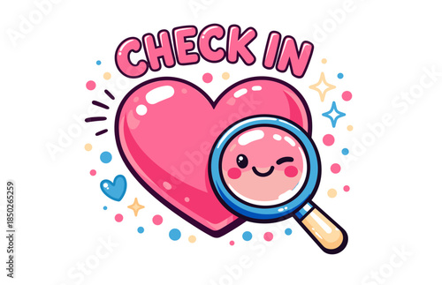 Cute heart with winking face in magnifying glass surrounded by colorful dots and stars