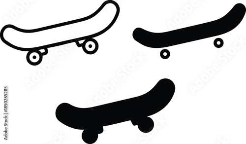 Skateboard for extreme sports street skating hobby and outdoor lifestyle boarding equipment Vector Silhouette and Pictogram Icon Set.eps