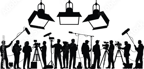 Silhouette of film crew with cameras and lighting equipment on white background Keywords: film crew, movie production, video
