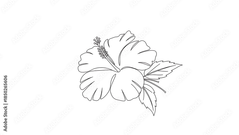 Fototapeta premium Simple line art drawing of a hibiscus flower and leaves