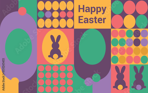 Trendy geometric abstract Easter background design with colorful eggs, playful bunny silhouettes, and a joyful "Happy Easter" message banner.