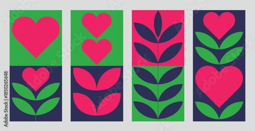 Vibrant modular geometric pattern set with stylized pink hearts and green leaves, evoking modern Scandinavian folk art warmth.