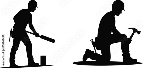 Silhouettes of Construction Workers with Tools Keywords: construction, worker, builder, silhouette, man, tools, hammer, shovel