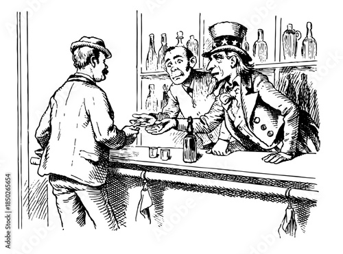 Uncle San at the bar talking to a man, while the bartender listens.