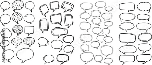 Hand-drawn speech bubbles, thought cloud icons, comic style, black white sketch, dialogue frames, graphic novel elements, cartoon shapes