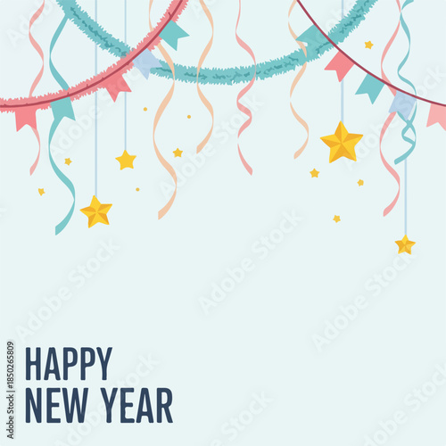 Festive decorations with stars and ribbons for New Year celebration  