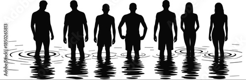 Silhouettes of seven people standing in rippling water with reflections ripple