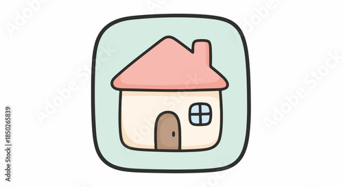Cute cartoon house illustration with pink roof and green background  