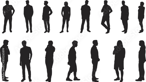 Silhouettes of Sixteen Diverse People in Casual Poses Against a White Background Keywords: silhouette, people, person, man