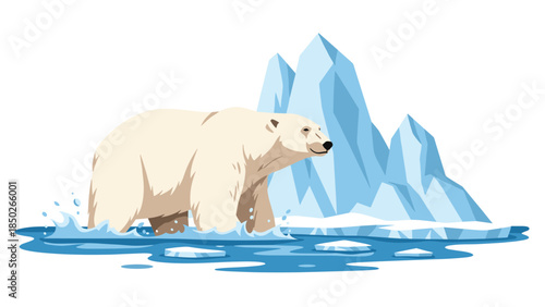 Majestic polar bear confidently striding through icy blue water with ice chunks, against a backdrop of towering glacial icebergs in the Arctic.