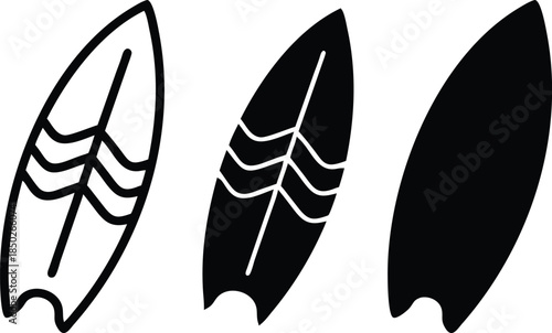 Surfboard for ocean summer water sports and extreme outdoor lifestyle equipment Vector Silhouette and Pictogram Icon Set.eps
