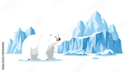 Magnificent polar bear standing gracefully on a vast expanse of ice and snow, surrounded by an impressive landscape of towering icebergs.