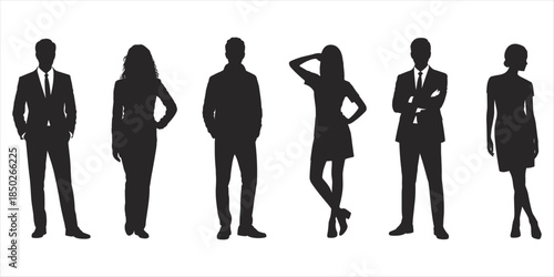 Six diverse business people silhouettes in formal attire standing on a white background women