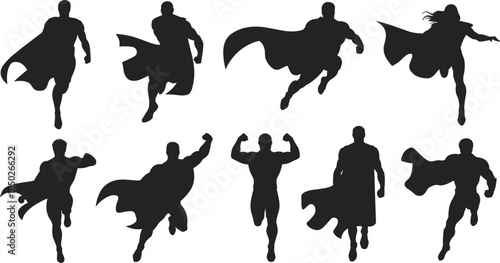 Superhero Silhouettes In Various Dynamic Poses With Flowing Capes flying action
