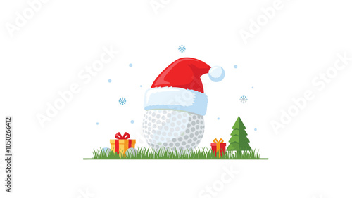 Cheerful golf ball wearing a jolly red Santa hat, nestled on green grass and surrounded by colorful wrapped gifts and a small Christmas tree.