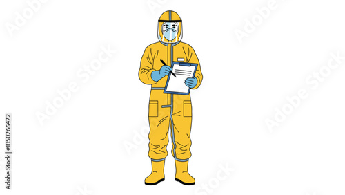 Medical professional or worker dressed in a protective yellow hazmat suit, face shield, and gloves, holding a clipboard and pen.