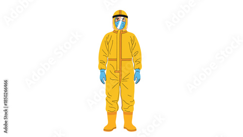 Essential worker standing confidently in a full protective yellow hazmat suit, face shield, and gloves, ready for medical duty.
