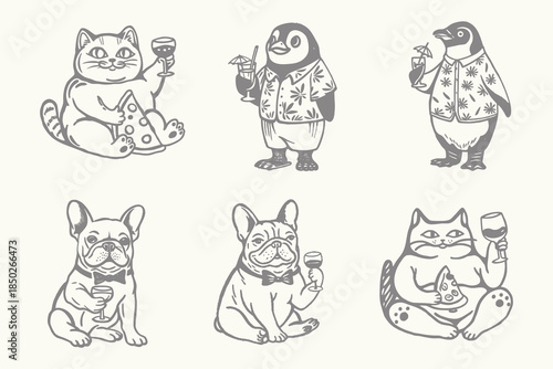 cartoon Vintage sketch Cat, Dachshund, Dog with pizza illustration. engraving vector vintage style. Eps 10