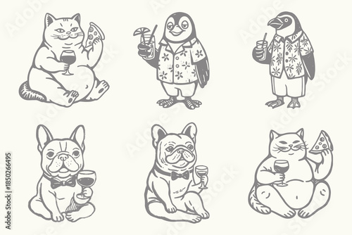 Vintage style cartoon Cat, Dog, sketch illustration. Illustration for drinks cards, bar and wedding menus, cards and website graphics. Eps 10