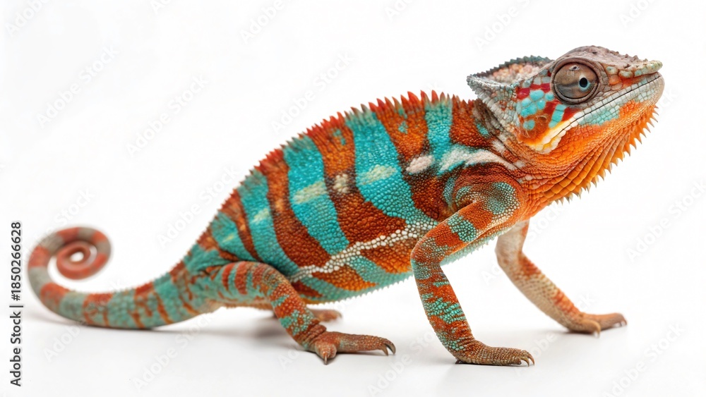 Obraz premium Vibrant Colorful Chameleon Isolated on White Background-Exotic Reptile Wildlife Illustration