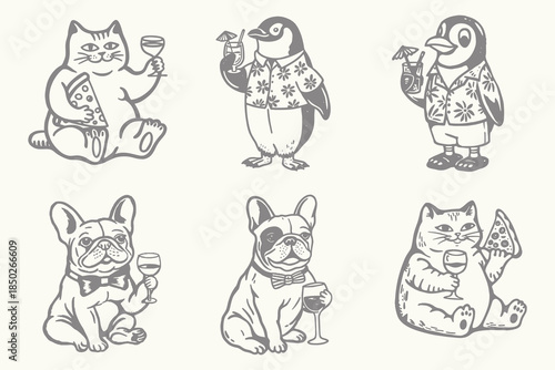 Dog, Cat with pizza, glass cartoon Vintage sketch illustration. sidecar glass hand drawn engraving vector vintage style. Eps 10