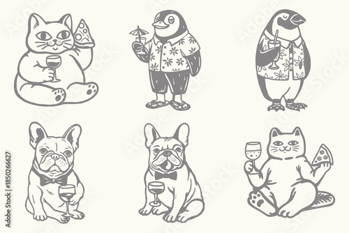 Dog, Cat with pizza, glass cartoon Vintage sketch illustration. sidecar glass hand drawn engraving vector vintage style. Eps 10